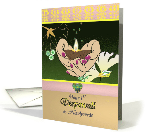1st Deepawali Newlyweds, Cupped Hands Holding Oil Lamp Colorful card