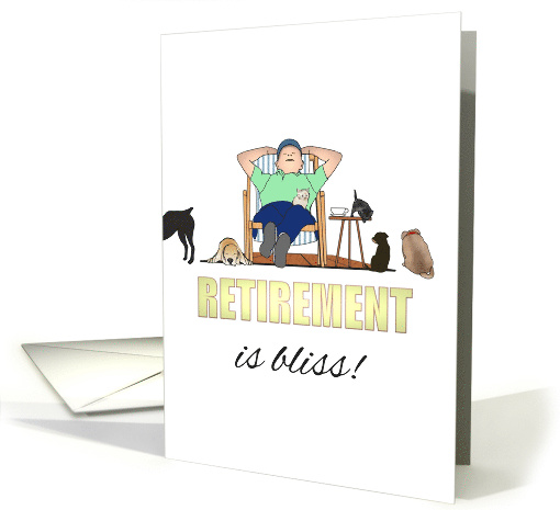 Vet Retirement Man Relaxing in Deckchair with Pet Dogs and Cats card