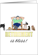Vet Retirement Man Relaxing in Deckchair with Pet Dogs and Cats card