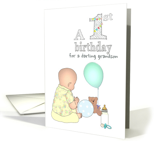 Grandson 1st Birthday Baby Playing with Toys card (1562648)