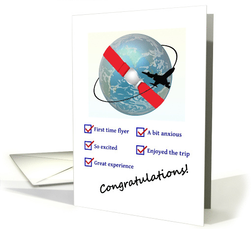 Congratulate First Time Flyer, Plane Circling Earth with Seatbelt card