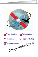 Congratulate First Time Flyer, Plane Circling Earth with Seatbelt card