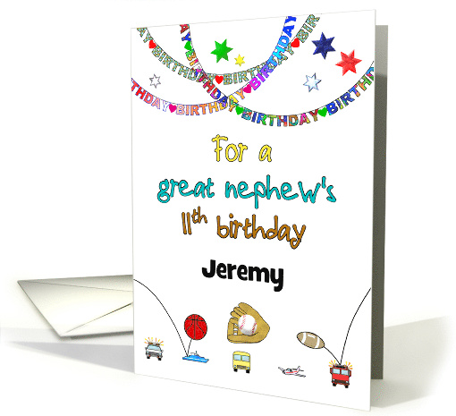 Great Nephew 11th Birthday Custom Name Sports Vehicles card (1563402)