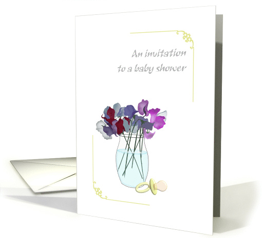 Baby Shower Invitation Pacifier Beside Vase of Sweet Pea Flowers card