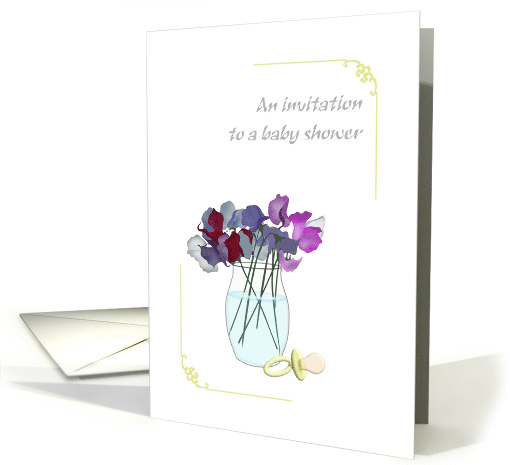 Baby Shower Invitation Pacifier Beside Vase of Sweet Pea Flowers card