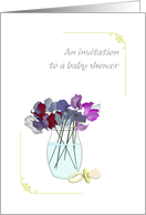 Baby Shower Invitation Pacifier Beside Vase of Sweet Pea Flowers card