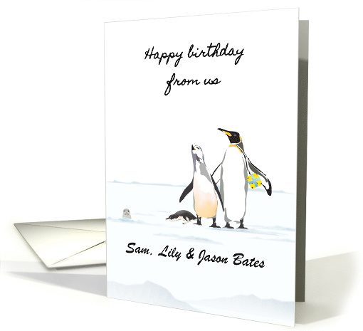 Custom Birthday Greeting From Us Family of Penguins Icy Landscape card