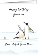 Custom Birthday Greeting From Us Family of Penguins Icy Landscape card