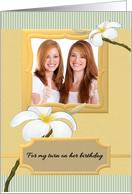 Birthday for Twin Sister Frangipani Blooms Photocard card