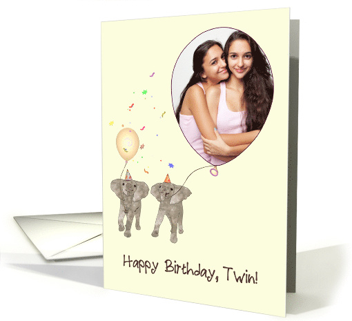 Birthday for Twin Two Elephants Holding Balloons Photocard card