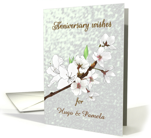 Custom Wedding Anniversary White Blossoms on Grey Mottled Design card