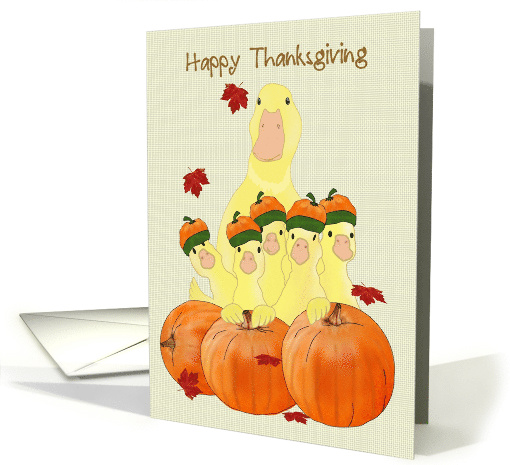 Ducklings and Mommy Duck Posing in Front of Pumpkins Thanksgiving card