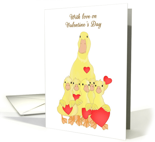 Mommy Duck and Ducklings Holding Red Hearts, Valentine's Day card