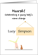 Custom Name Change for Girl Young Lady doing Cartwheels Dog Looking On card