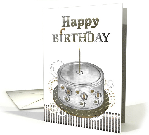 Metallic Cake with Cogwheel Decorations Steampunk Birthday card