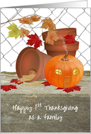 1st Thanksgiving As A Family Pumpkin House Beside Flower Pots card