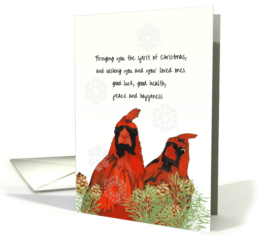 Snowflakes Drifting Down onto Cute Red Cardinal Birds Christmas card
