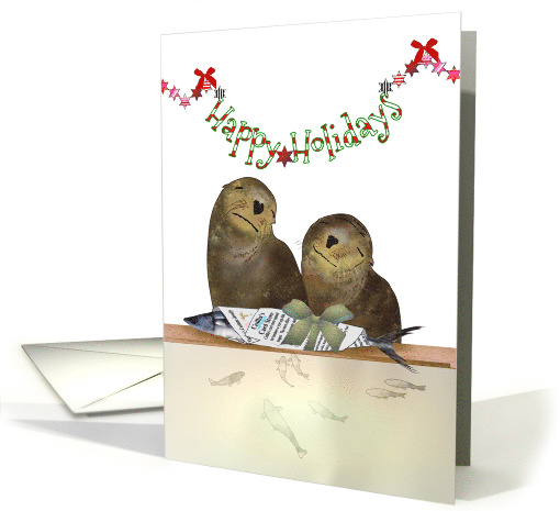 Sea Lions with Wrapped Fish Present Happy Holidays card (1588516)