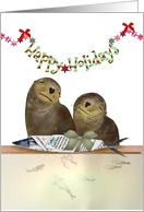 Sea Lions with Wrapped Fish Present Happy Holidays card