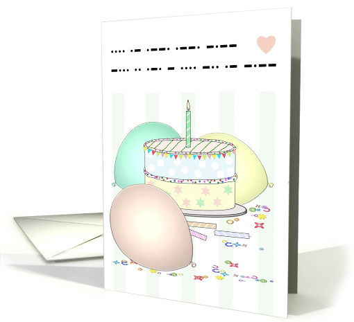 Happy Birthday in Morse Code Colorful Cake Candle and Balloons card
