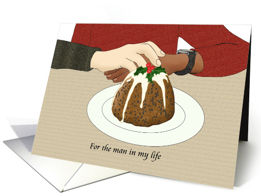Interracial Couple Clasping Hands Christmas Plum Pudding card