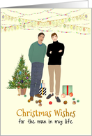 Interracial Couple Beside Christmas Tree Baubles and Gifts on Ground card