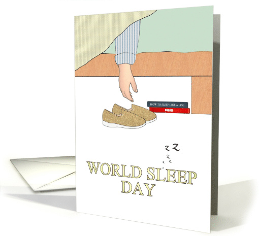 World Sleep Day Asleep in Bed Books and Bed Slippers on Floor card