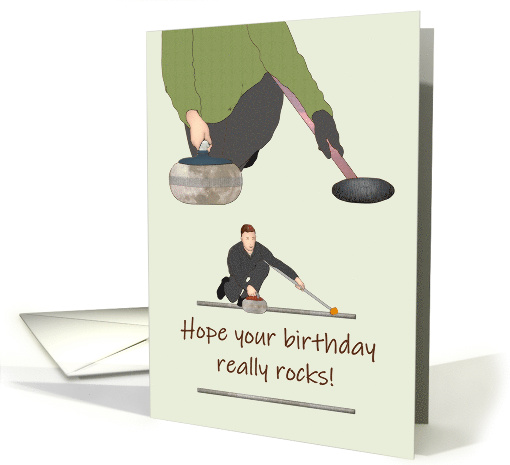Two Players Delivering a Rock in the Sport of Curling, Birthday card