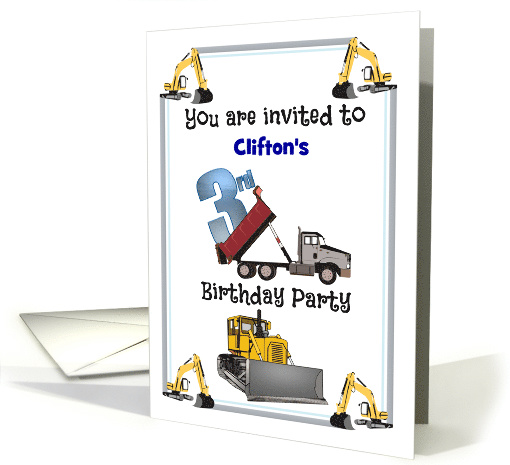 Custom Name 3rd Birthday Party Construction Themed card (1597610)