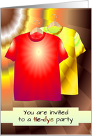 Invitation to Tie-Dye Party, Two Dyed T-Shirts on Hangers card