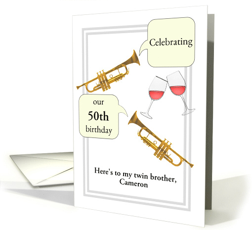 My Twin Birthday Custom Age Name and Sibling Trumpets and Wine card