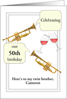 My Twin Birthday Custom Age Name and Sibling Trumpets and Wine card
