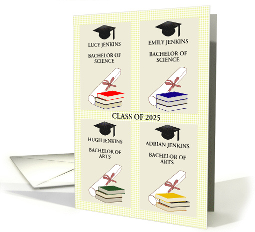 Quadruplets Graduation Caps Books and Certificates Custom card