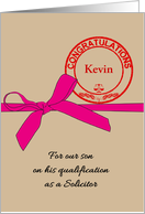 Son Qualified as Solicitor Pink Ribbon and Custom Name Stamp card