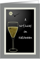 Birthday on Halloween Spider Climbing on Glass of Champagne card