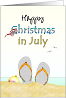 Christmas in July Bauble and Flipflops on Beach card