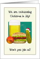 Christmas in July Party Invite Santa Hat on Pickle Cheesburger Beer card