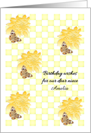 Niece Birthday Yellow Dahlia and Butterfly on Yellow Checks Custom card
