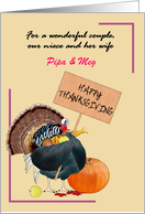 Thanksgiving Niece and Wife Turkey Holding Greeting Sign card