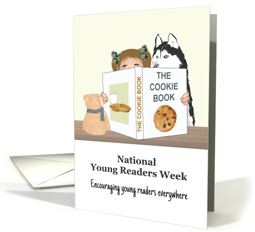 National Young Readers Week Young Girl and Pet Dog Reading Book card