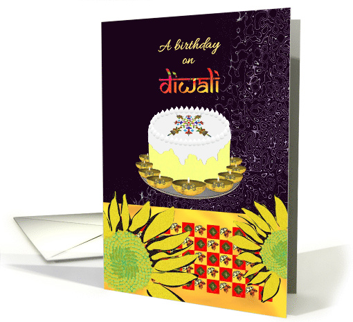 Birthday on Diwali Lit Oil Lamps Placed Around Birthday Cake card