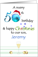 Son’s 50th Birthday on Christmas Santa’s Hat on 50 Custom card