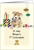 Baby’s 1st Chrismukkah Puppy Holding Ornaments Star of David Crucifix card