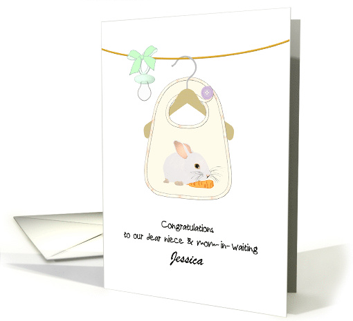 Our Niece Expecting Cute Bib and Pacifier Hanging on Line Custom card