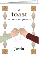 Custom Birthday for OUR Son’s Partner Gay Couple Toasting with Wine card