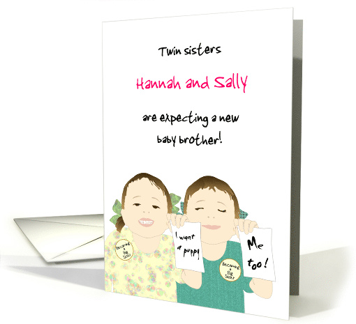 Custom Name Young Twin Sisters Expecting Baby Brother card (1675616)