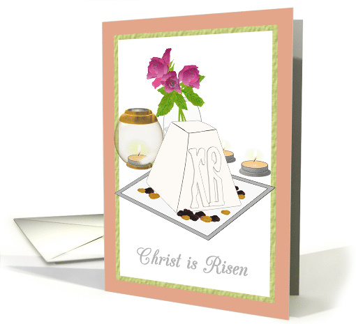 Pascha Christ is Risen Paskha Cake Flowers in Vase Lit Tea Lights card