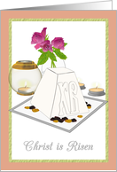 Pascha Christ is Risen Paskha Cake Flowers in Vase Lit Tea Lights card