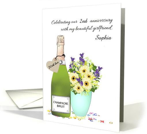 Dating Anniversary for Girlfriend Champagne and Flowers Custom card