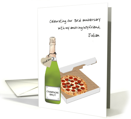 Dating Anniversary for Boyfriend Champagne and Pizza Custom card